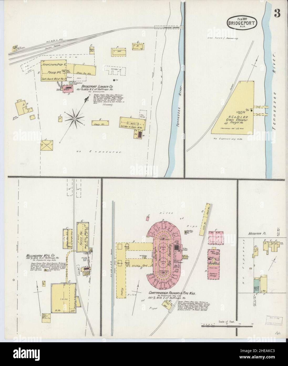 Sanborn carte d'assurance-incendie de Bridgeport, comté de Jackson, Alabama. Banque D'Images