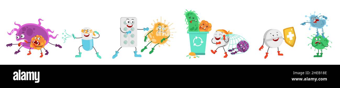 Pilules super-héros.Tablette, capsule, drôle super héros personnages de dessin animé lutte contre les bactéries, les virus, illustration vectorielle. Illustration de Vecteur