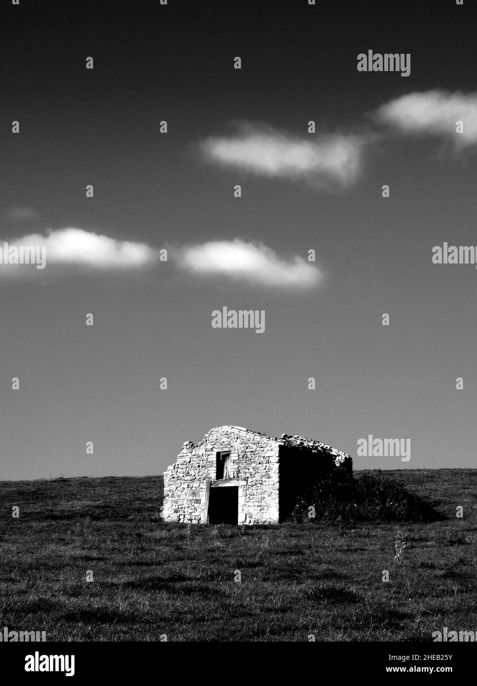 Bâtiment en pierre abandonné dans un paysage herbeux sous un ciel dramatique, capturé au crépuscule en noir et blanc, département du Puy de Dôme, Auvergne-Rhône-Alpes Banque D'Images