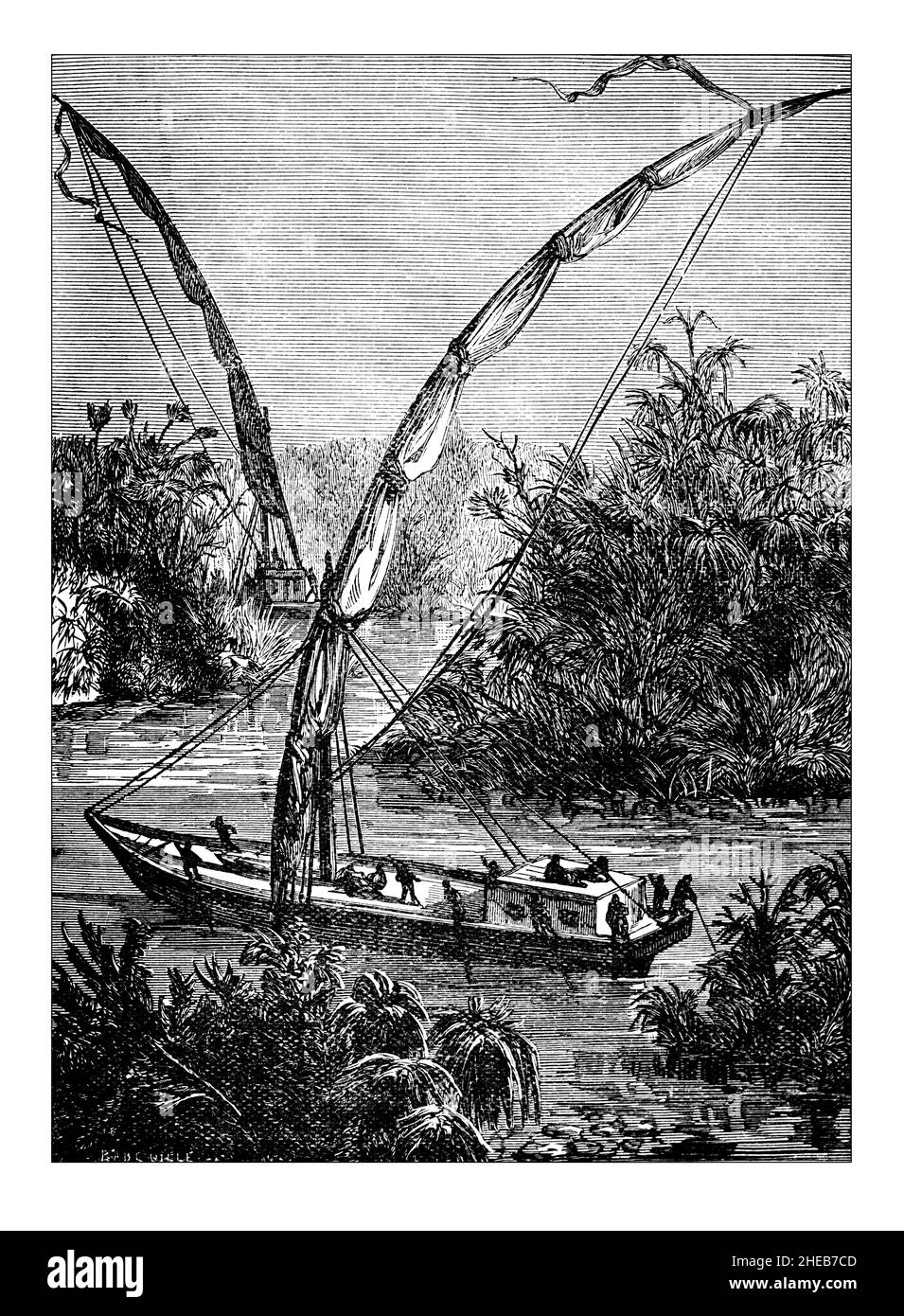 Bateaux soudanais du Nil du 19th siècle, illustration gravée de African Discovery and Adventure, par C E Bourne, publié en 1900 par Swan Sonnenshein & C Banque D'Images