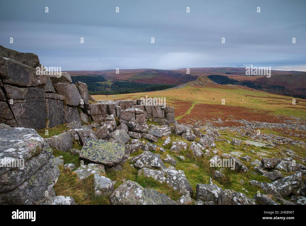 Vue depuis Sharpitor jusqu'à Leather Tor sur Dartmoor Banque D'Images