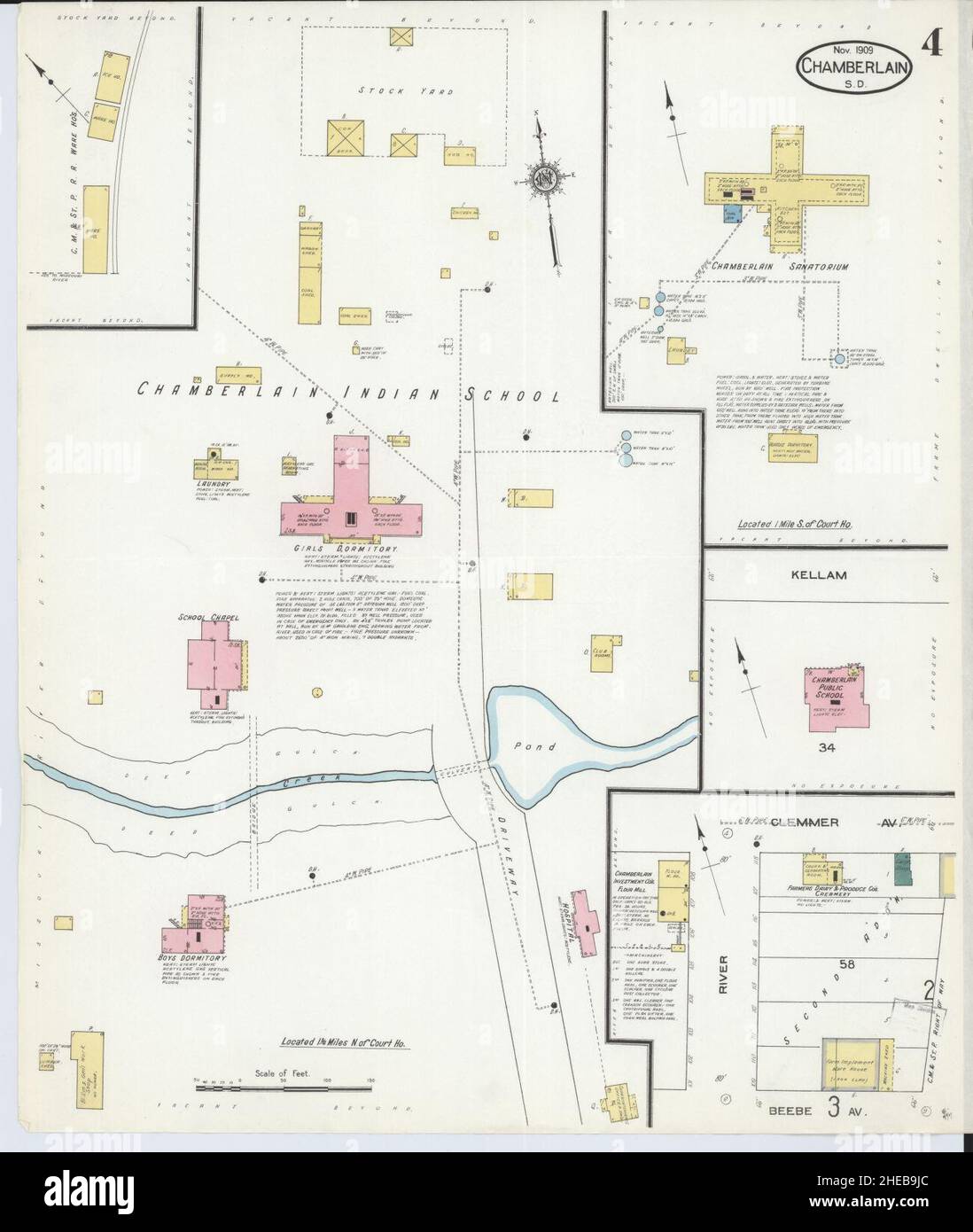 Sanborn carte d'assurance-incendie de Chamberlain, comté de Brule, Dakota du Sud. Banque D'Images