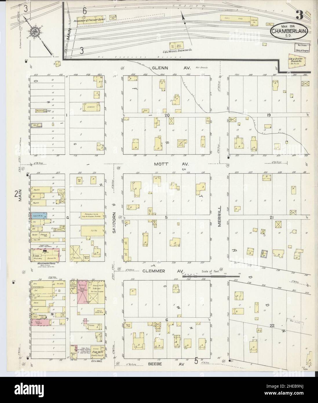 Sanborn carte d'assurance-incendie de Chamberlain, comté de Brule, Dakota du Sud. Banque D'Images