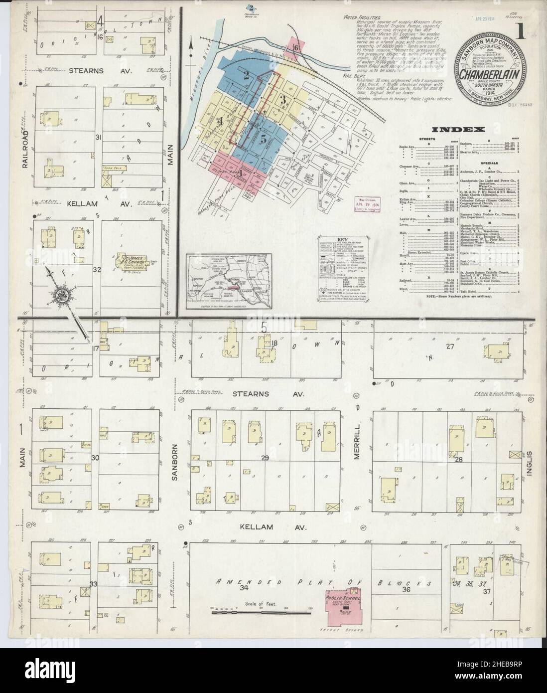 Sanborn carte d'assurance-incendie de Chamberlain, comté de Brule, Dakota du Sud. Banque D'Images