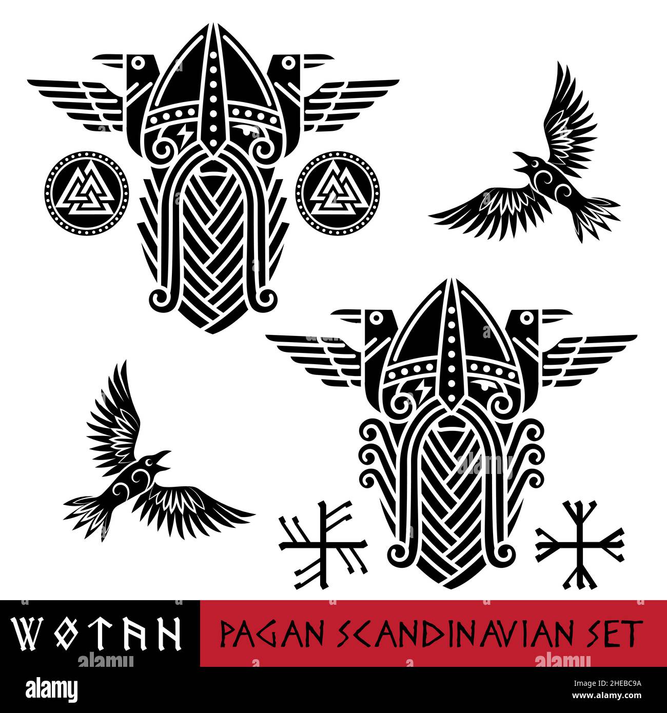 Set païen scandinave - Dieu Odin, deux corbeaux et runes de Norse.Illustration de la mythologie norse Illustration de Vecteur