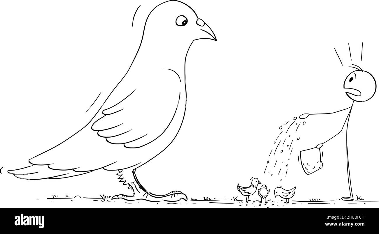 Personne nourrissant des oiseaux ou choqué par le gros ou le gros pigeon géant, le bâton de dessin vectoriel Illustration Illustration de Vecteur