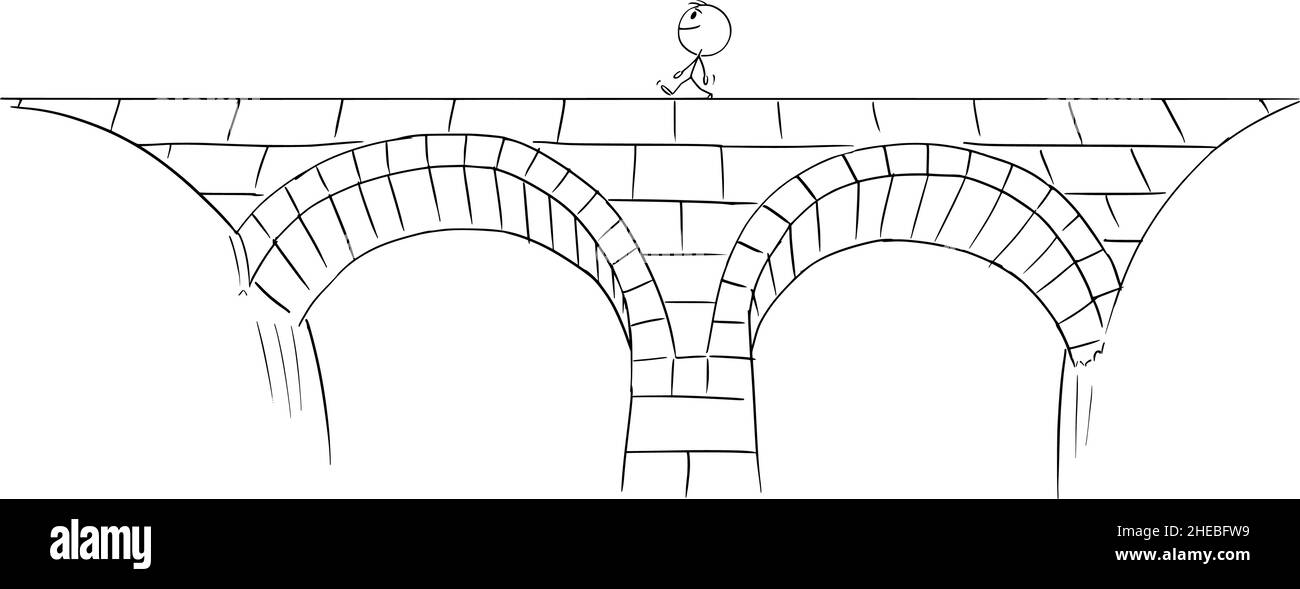Personne marchant à travers le pont, Illustration de la figure du bâton de dessin animé Illustration de Vecteur