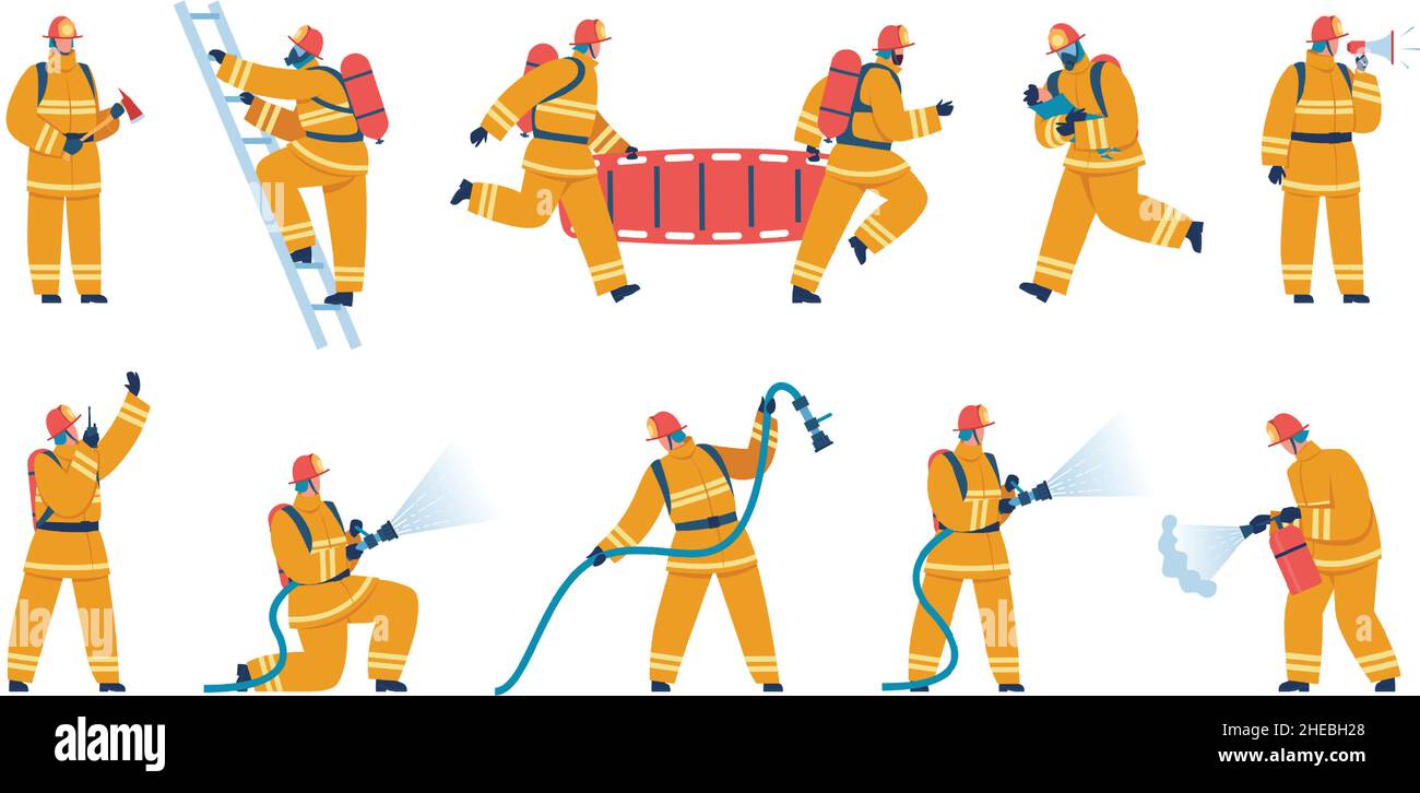 Personnages de pompier en uniforme, pompiers avec équipement de lutte contre l'incendie.Les pompiers sauvant l'enfant, en prenant le feu à l'aide d'un ensemble de vecteurs de tuyau.Service d'urgence avec des travailleurs professionnels Illustration de Vecteur