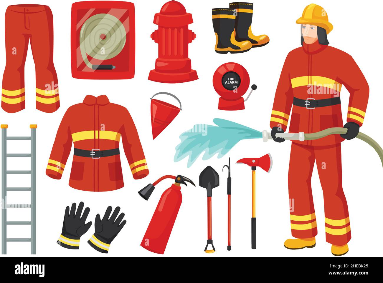 Personnage de pompier de dessin animé avec équipement et outils de lutte contre l'incendie.Uniforme de pompier, borne d'incendie, alarme incendie, extincteur, ensemble de vecteurs de boyau de feu.Service d'urgence pour la sécurité et la protection Illustration de Vecteur