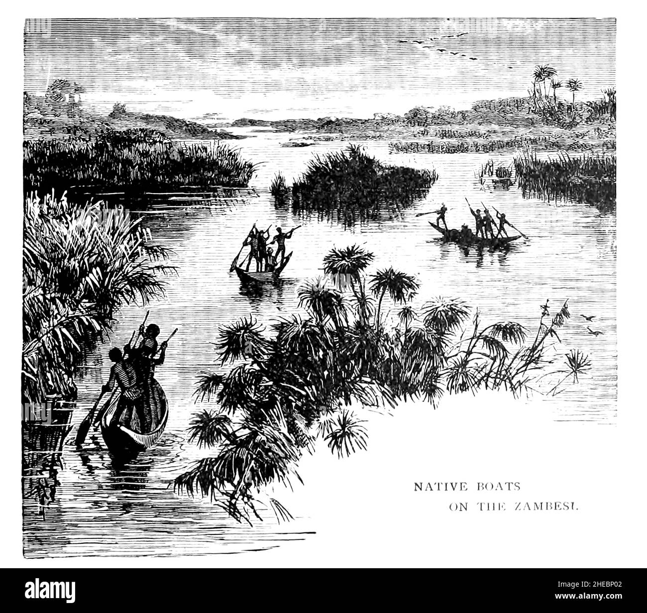 Bateaux indigènes sur le Zambèze [Zambèze River] une photographie du livre « l'histoire de la mission des universités en Afrique centrale, 1859-1898 » par Anne Elizabeth Mary Anderson Morshead, Mission des universités en Afrique centrale 1899 Banque D'Images