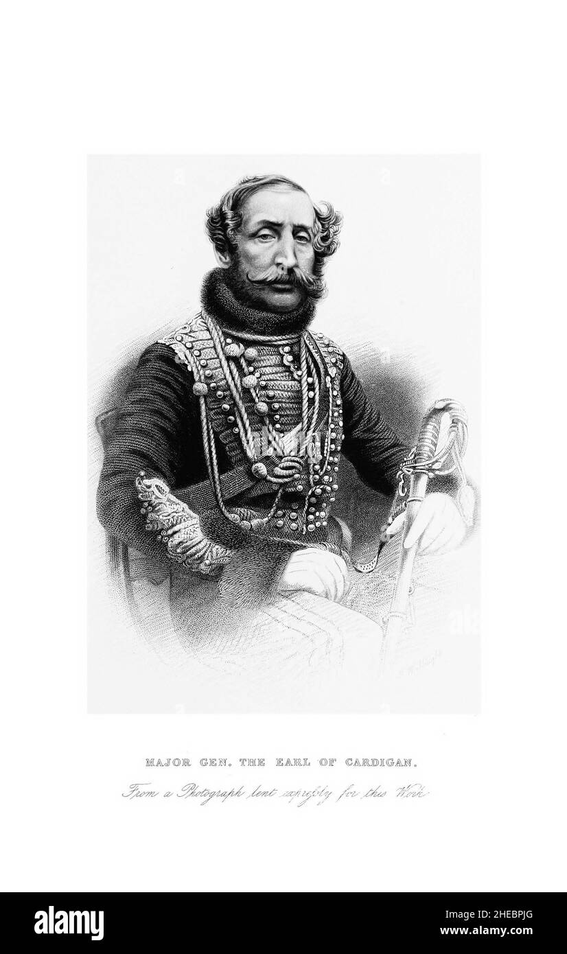 Le Lieutenant-général James Thomas Brudenell, 7th comte de Cardigan, KCB (16 octobre 1797 – 28 mars 1868), nommé Lord Cardigan, était un officier de l'armée britannique qui commandait la Brigade légère pendant la guerre de Crimée.Il a dirigé la charge de la Brigade légère à la bataille de Balaclava.Tout au long de sa vie politique et de sa longue carrière militaire, il a caractérisé l'aristocrate arrogant et extravagant de l'époque.Sa progression à travers l'Armée a été marquée par de nombreux épisodes d'incompétence extraordinaire, mais aussi par la générosité envers les hommes sous son commandement et par une vraie bravoure.En tant que membre de Banque D'Images