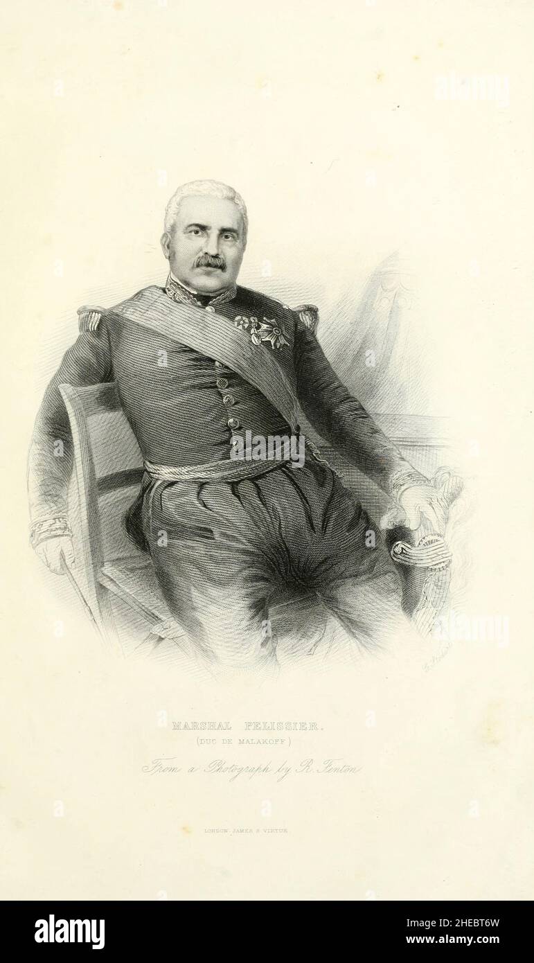 Le maréchal Pelissier Aimable-Jean-Jacques Pélissier, 1st Duc de Malakoff (6 novembre 1794 – 22 mai 1864), est un maréchal de France.Il a servi en Algérie et ailleurs, et en tant que général commandé les forces françaises dans la guerre de Crimée. Du livre The Illustrated History of the War Against Russia (guerre de Crimée d'octobre 1853 à février 1856) par Edward Henry Nolan, publié en 1857 Banque D'Images