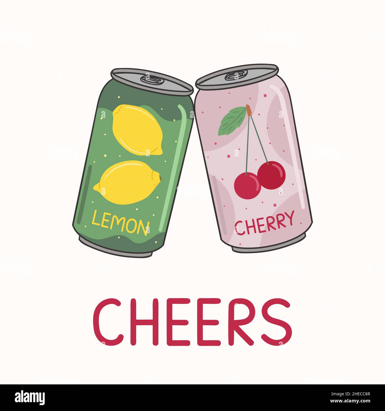 L'affiche contenant des canettes d'aluminium à boissons gazeuses est des verres à clinked.Soda de cerise et limonade gazéifiées sans alcool avec inscription au cheers.Vecteur dessiné à la main i Illustration de Vecteur