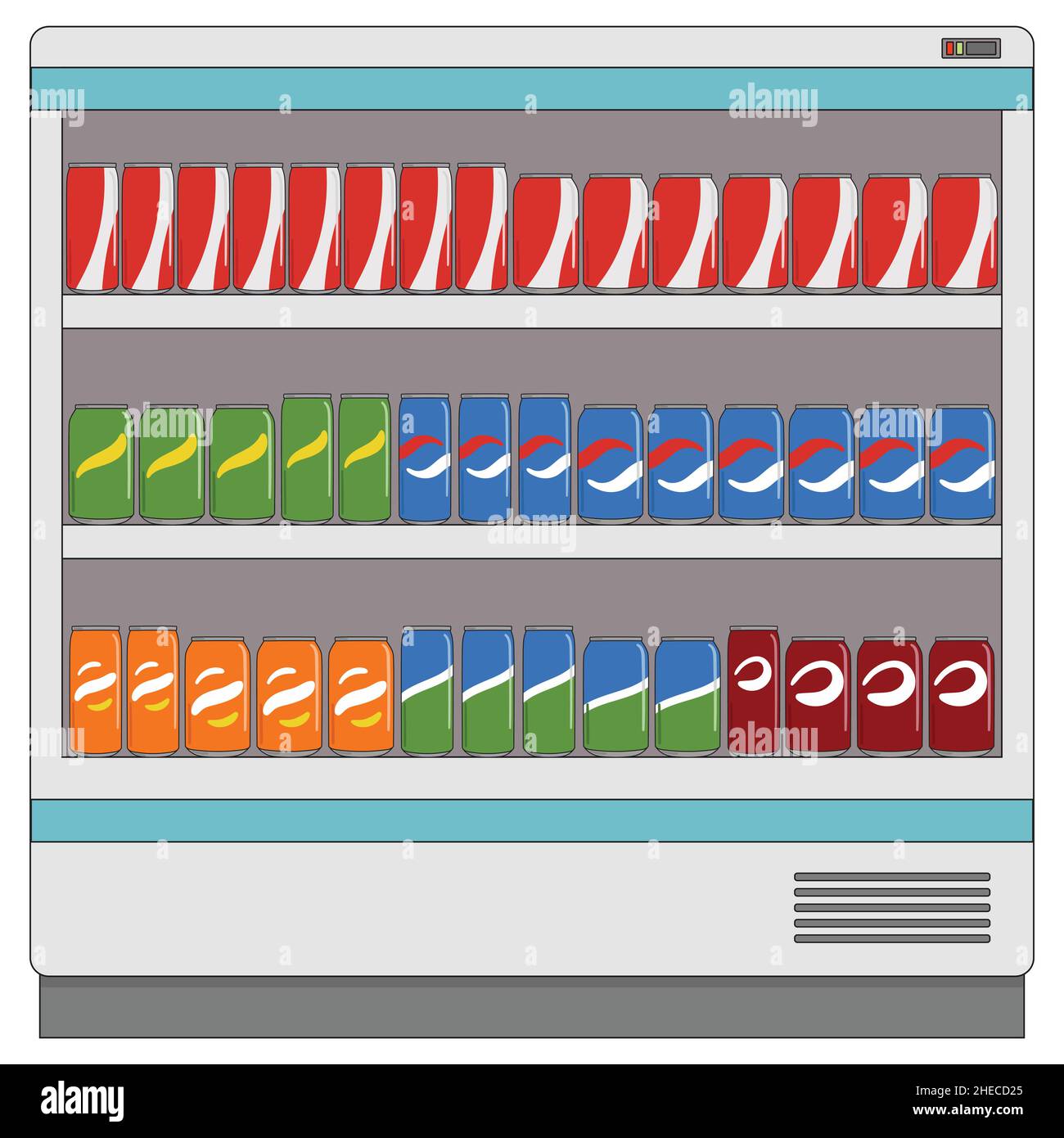 Ensemble de boissons non alcoolisées dans des canettes en aluminium avec soda sur les étagères du réfrigérateur du supermarché.Eau gazéifiée sans alcool aux saveurs différentes.Vect dessiné à la main Illustration de Vecteur