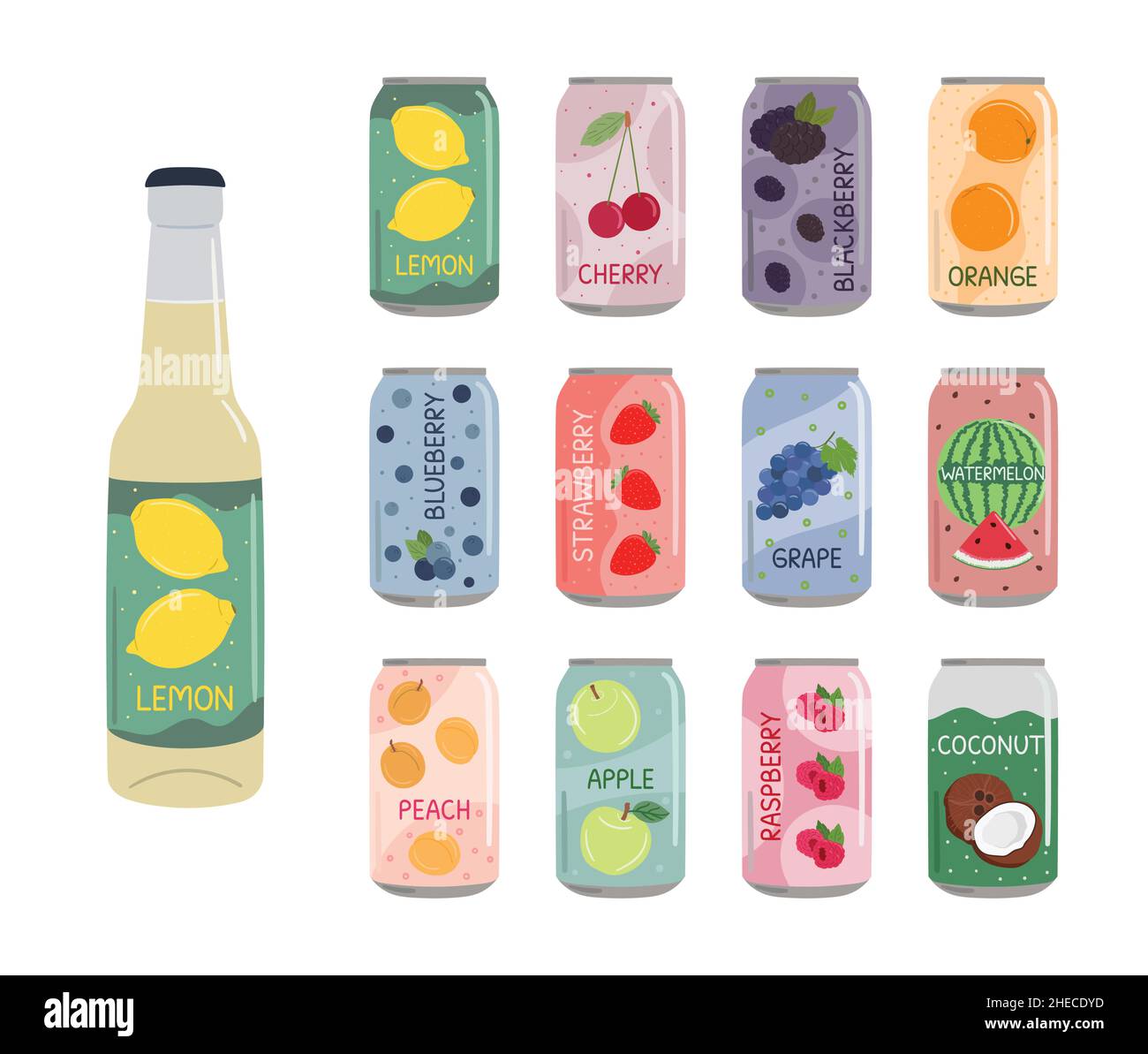 Ensemble de boissons non alcoolisées dans des canettes en aluminium avec soda et limonade.Eau gazéifiée sans alcool aux arômes de fruits et de baies.Illustrateur de vecteur dessiné à la main Illustration de Vecteur