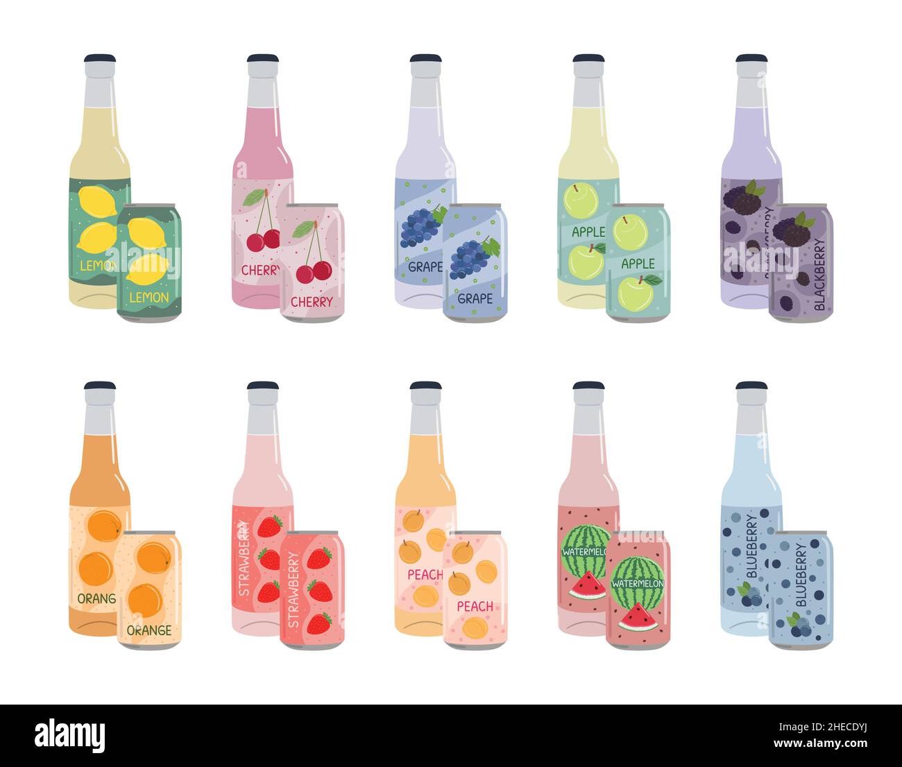 Ensemble de boissons non alcoolisées dans des canettes en aluminium et des bouteilles en verre avec soda et limonade.Eau gazéifiée sans alcool aux arômes de fruits et de baies.Dessiné à la main Illustration de Vecteur