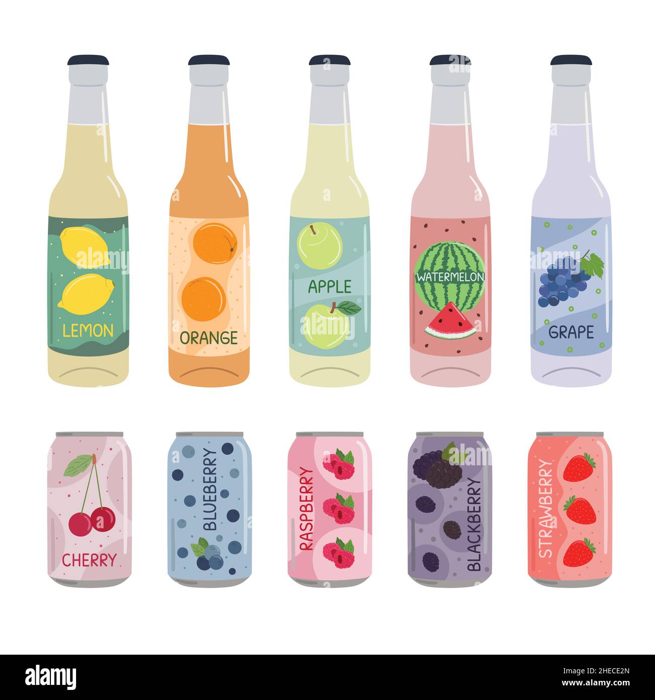 Ensemble de boissons non alcoolisées dans des canettes en aluminium et des bouteilles en verre avec soda et limonade.Eau gazéifiée sans alcool aux arômes de fruits et de baies.Dessiné à la main Illustration de Vecteur