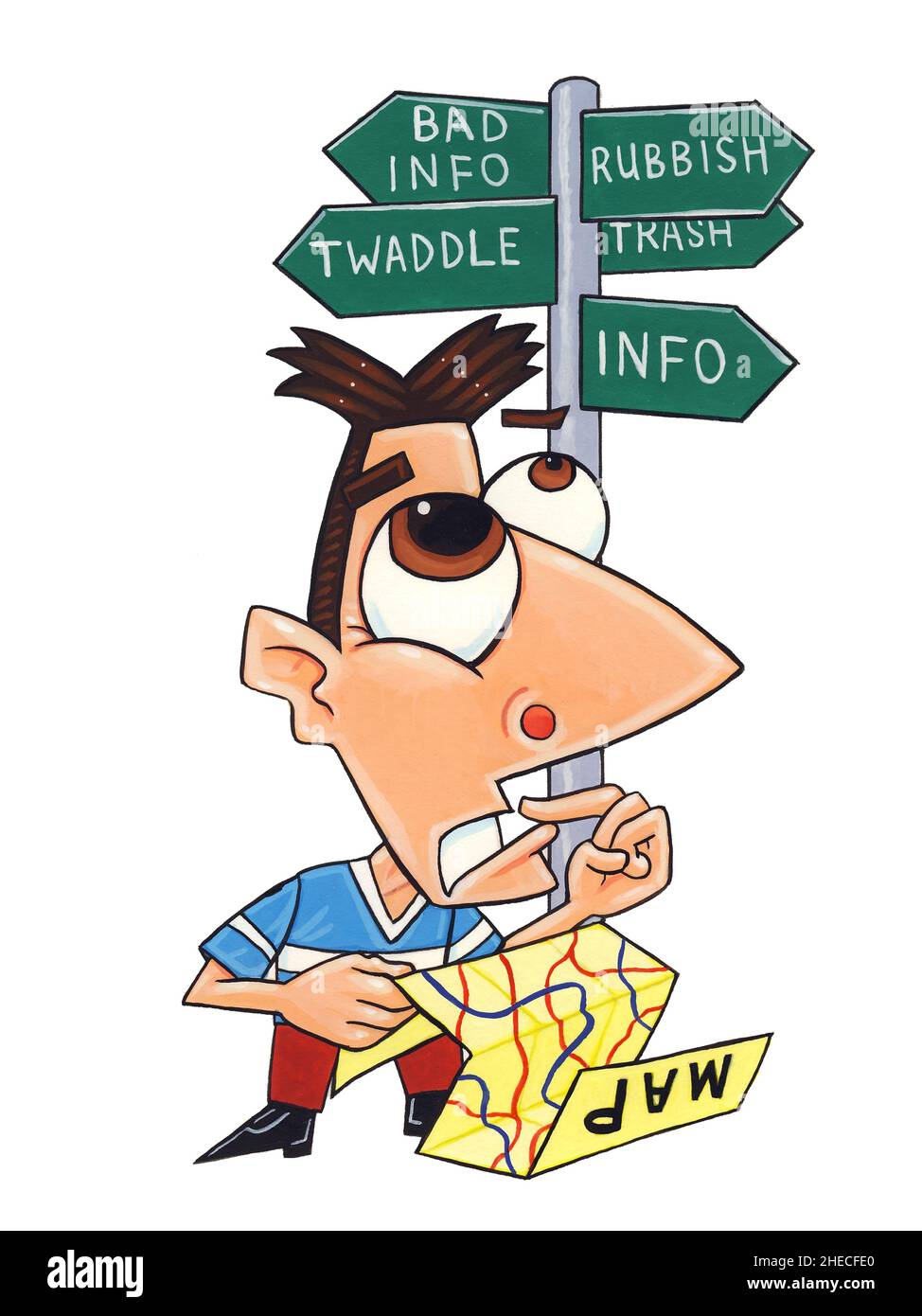 Concept art, illustrant les difficultés de navigation des fausses nouvelles.Homme confondu avec une carte, signe-poste en arrière-plan, avec des mots mauvaise info, double, poubelle. Banque D'Images