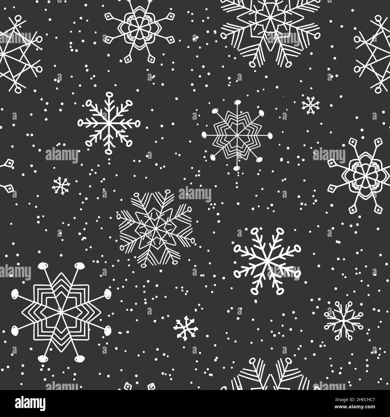 Texture flocons de neige avec motif noir et blanc sans couture.Arrière-plan de neige mignon.Variété de flocons de neige Banque D'Images