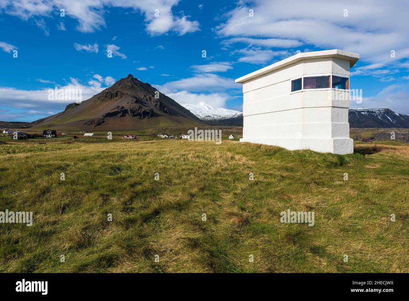 Islande, région de Vesturland, péninsule de Snaefellsnes, Arnarstapi, phare Banque D'Images