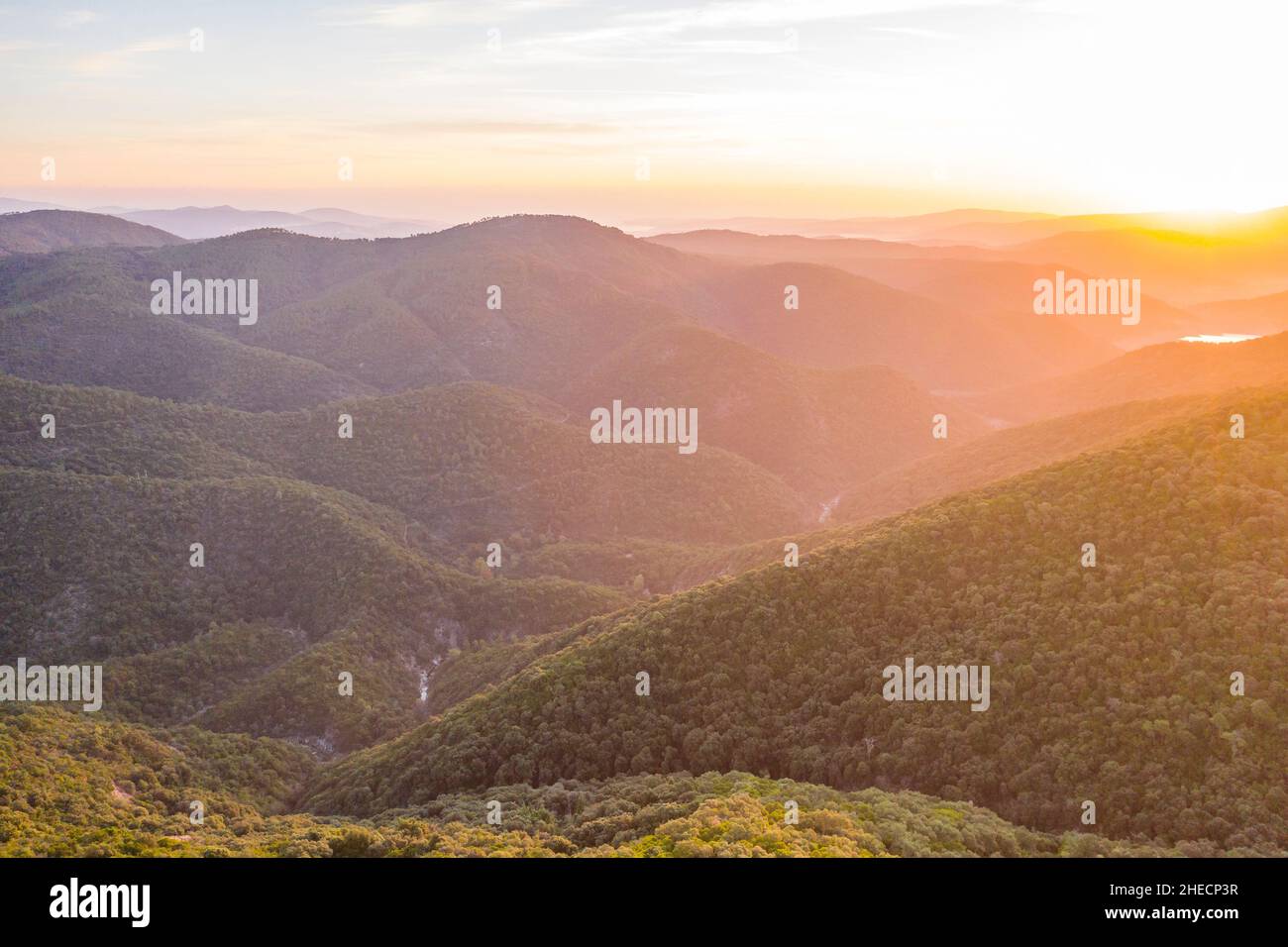 France, Var, massif des Maures, Collobrières, massif forestier au lever du soleil (vue aérienne) // France, Var (83), massif des Maures, Collobrières, massif avant Banque D'Images