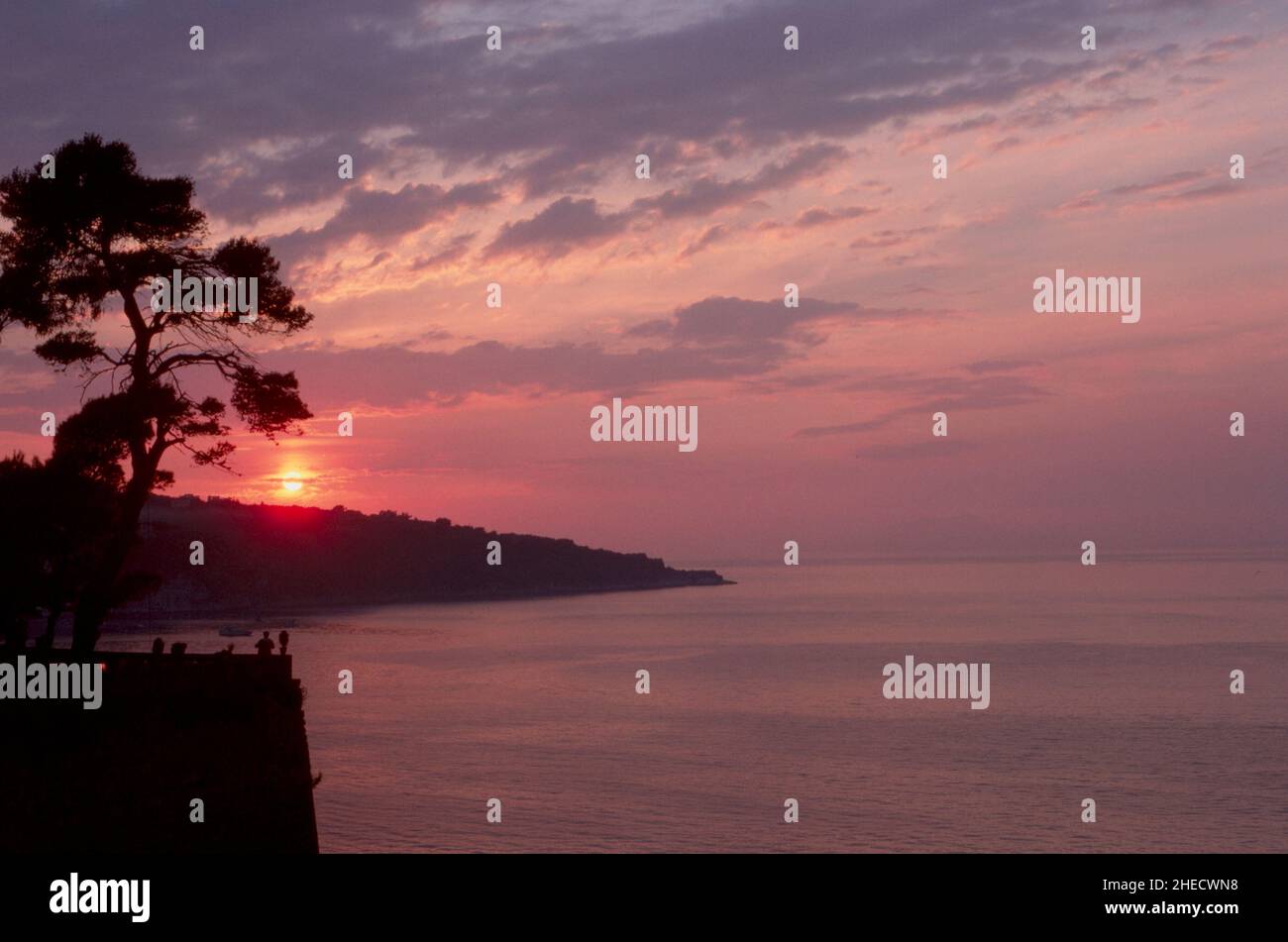 Lever de soleil pittoresque sur la côte avec terre et arbre silhouettés.Concept de voyage Banque D'Images