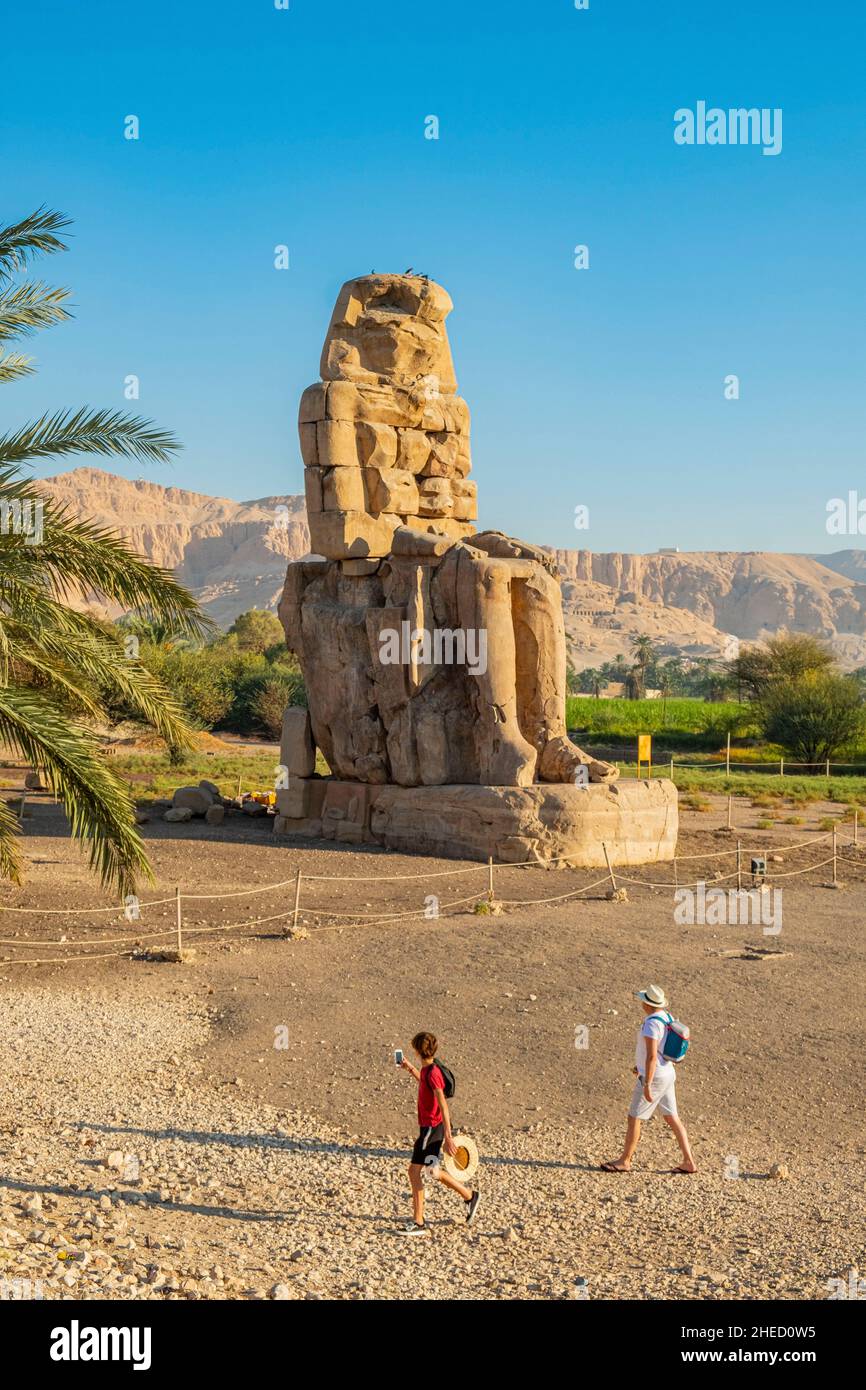 Égypte, haute Égypte, Vallée du Nil, rive gauche de Thèbes, près de Louxor, les Colossi de Memnon classé patrimoine mondial par l'UNESCO Banque D'Images