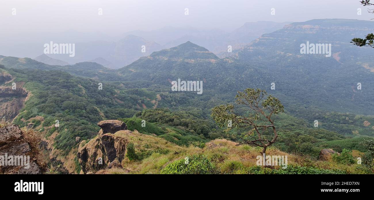 Vue fascinante de la chaîne de Mahhabaleshwar de Ghats occidentaux, y compris Pratapgad, Koleshwar, Raireshwar et Chandragad de arthur Seat, Mahabaleshwar Banque D'Images