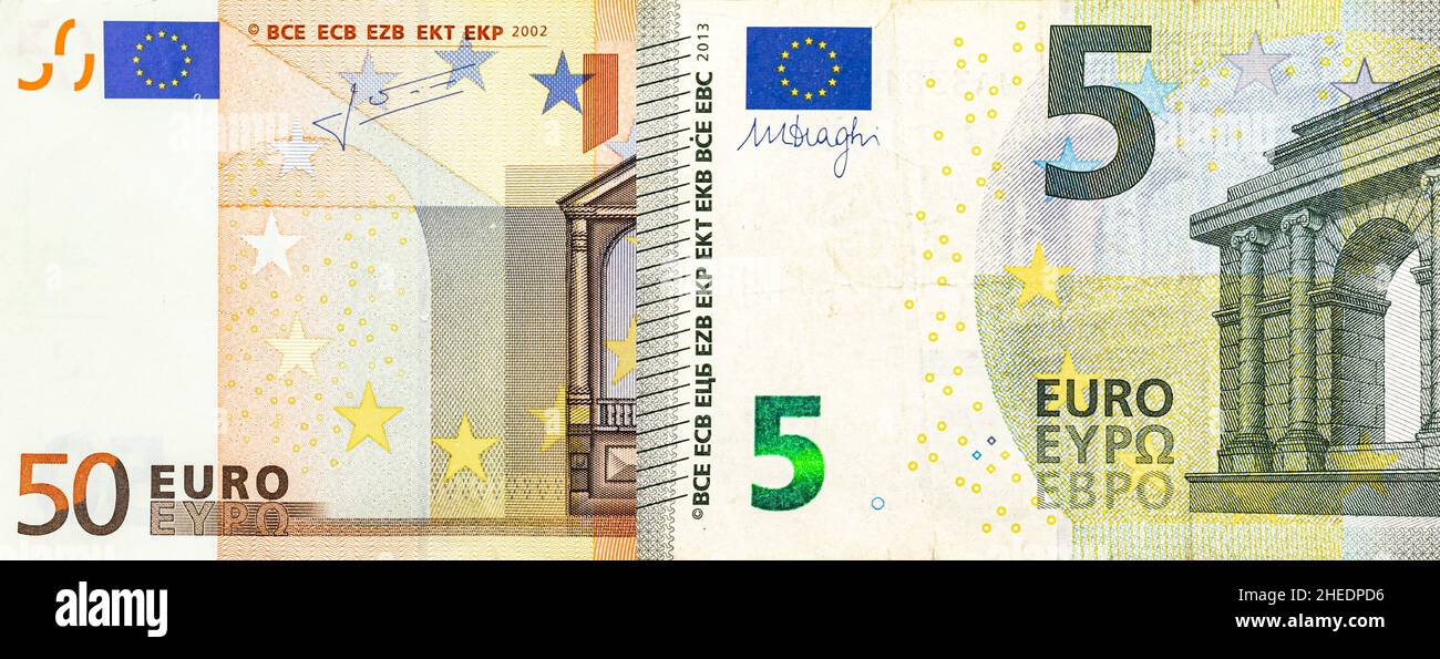 Billets en euros (photo de cinq et cinquante coupures).Vue macro de l'argent papier Banque D'Images