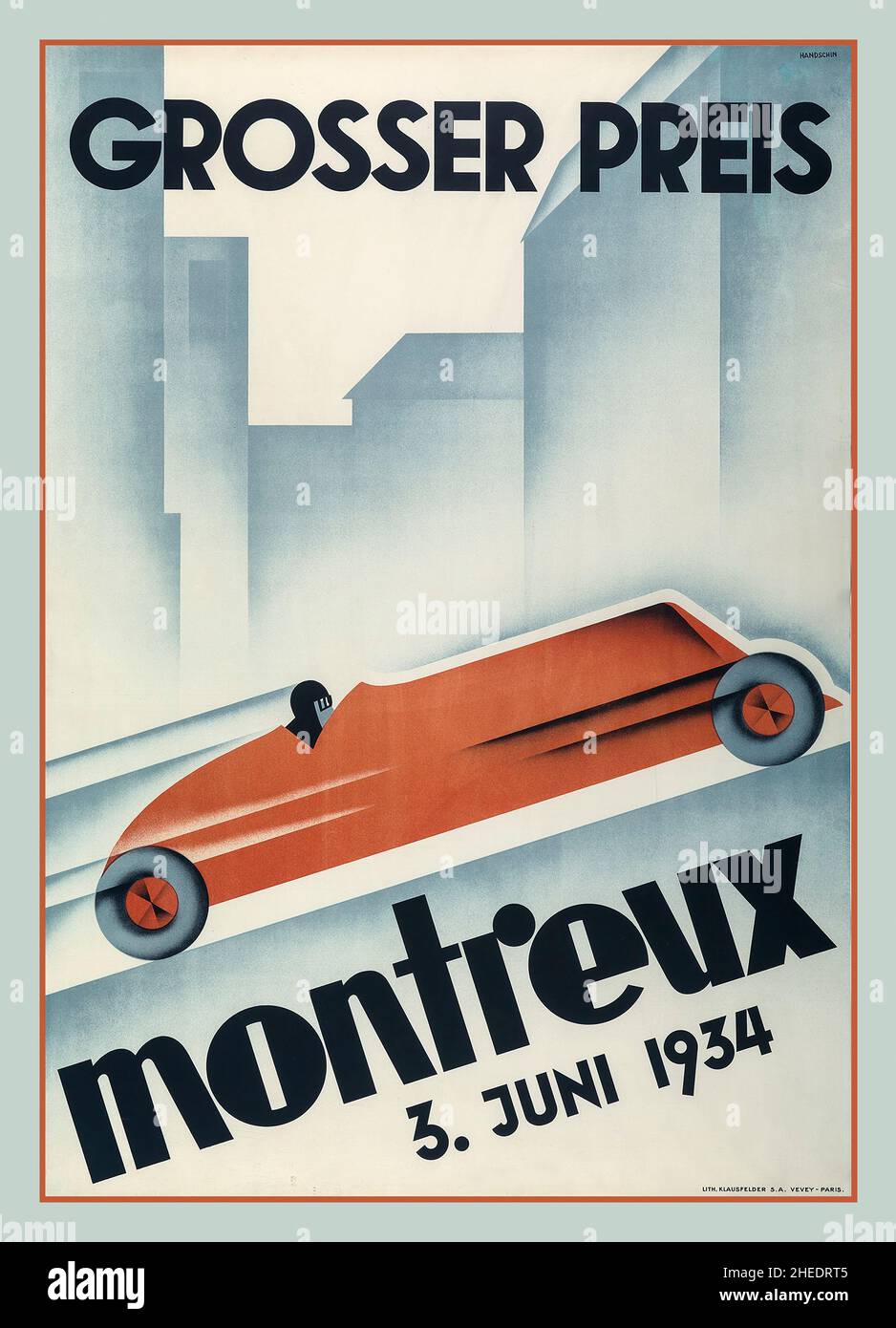 1934 Suisse Montreux Grand Prix affiche de course Antique 1934 affiche de course faisant la promotion de la course automobile du Grand Prix de Montreux en Suisse.La course a eu lieu cinq fois entre 1924 et 1937. Banque D'Images