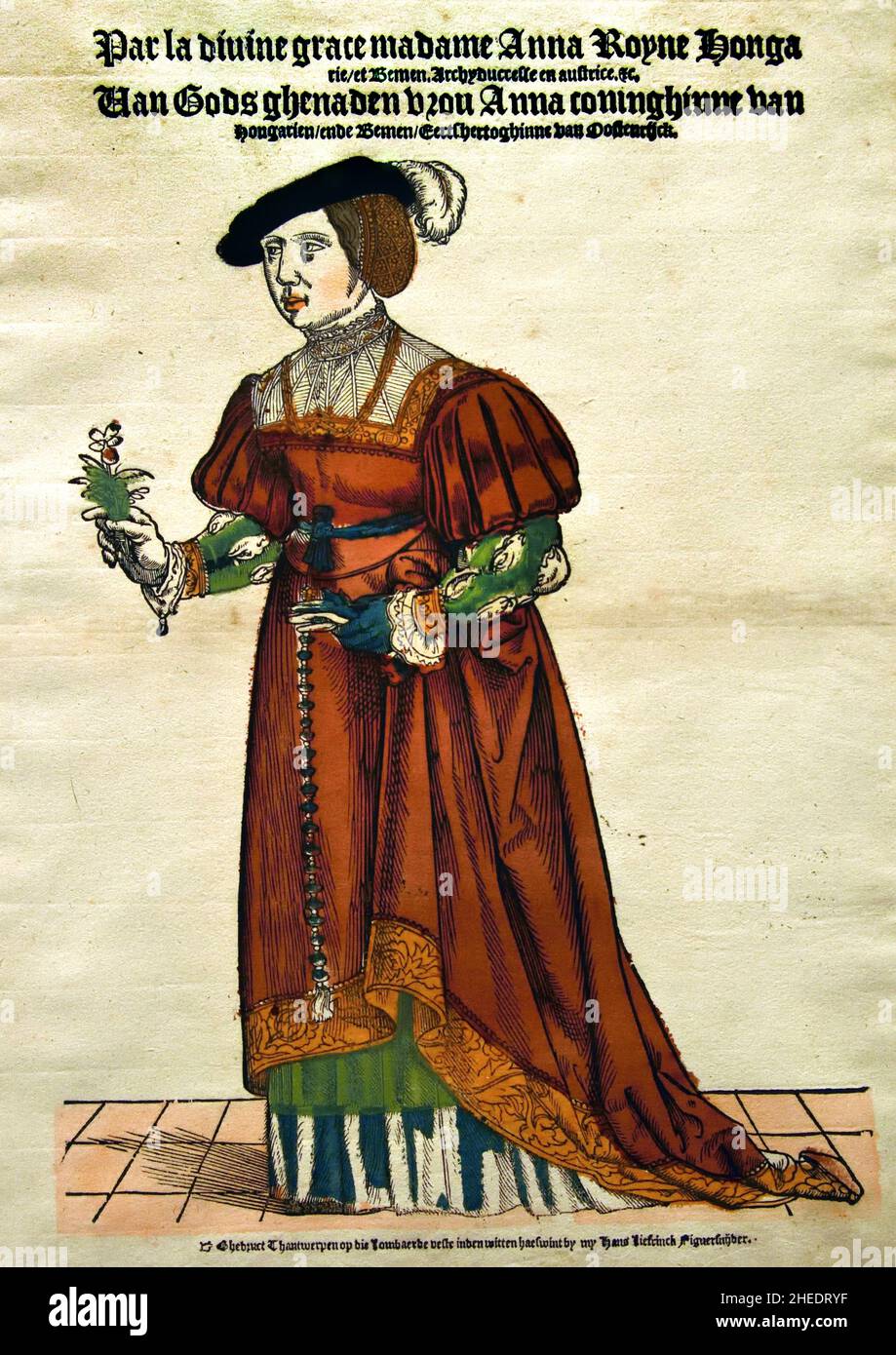 Anna d'Autriche (1503-1547), 1543 ,gravure en bois / gravure en couleur main, Cornelis Anthonisz. Éditeur Hans LiefRinck, Anvers , belge, belge, flamande,Les pays-Bas ( Anna d'Autriche, sœur de Louis II de Hongrie, épousa Ferdinand I en 1521.Ensemble, ils ont eu 15 enfants.) Banque D'Images