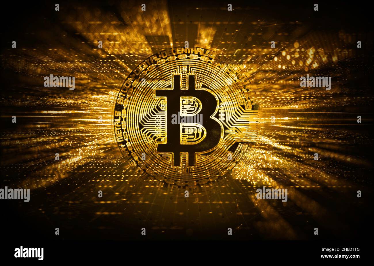 Bitcoin - crypto-monnaie - Bitcoin d'or sur fond futuriste Banque D'Images