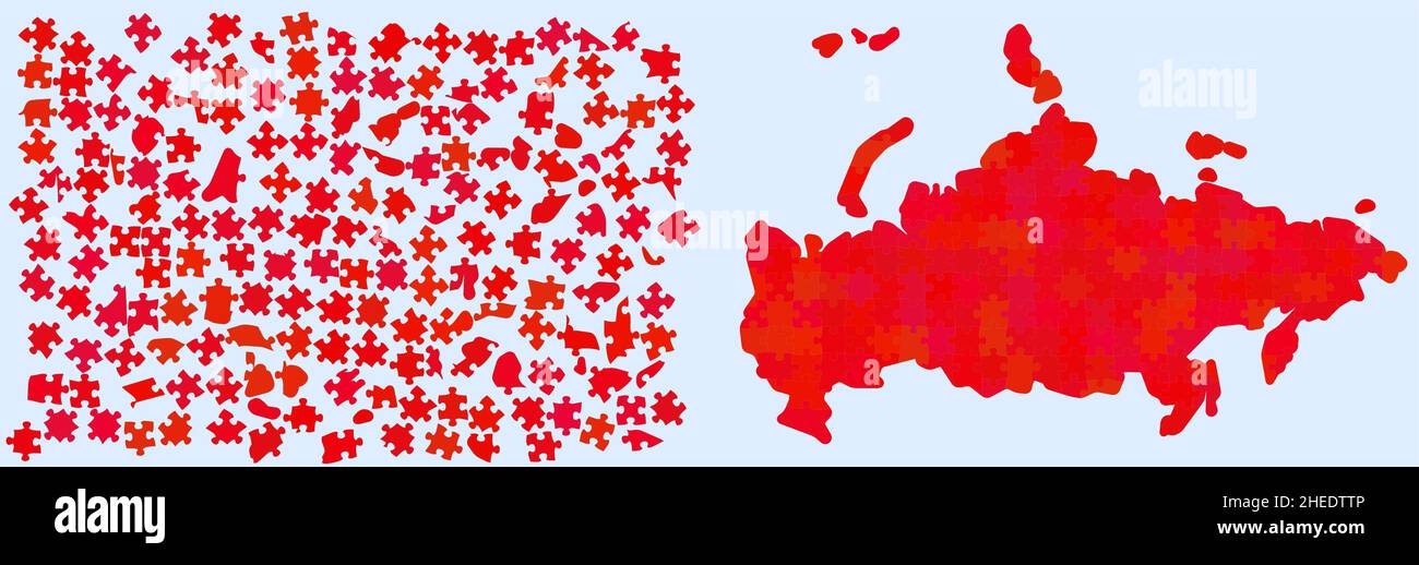 Carte de la Russie composée de différentes nuances rouge - couleur nationale - pièces de puzzle, 180 blocs dispersés et version finie Illustration de Vecteur
