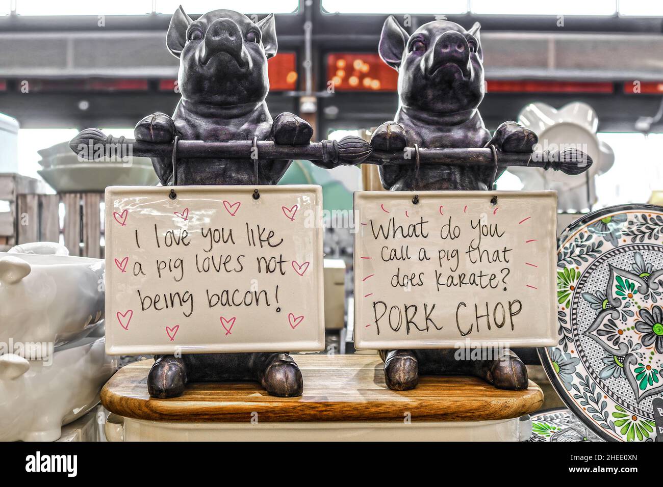 Porte-affiches de porc en fonte en démonstration - bacon et côtelettes de porc - humour - ustensiles de cuisine Banque D'Images