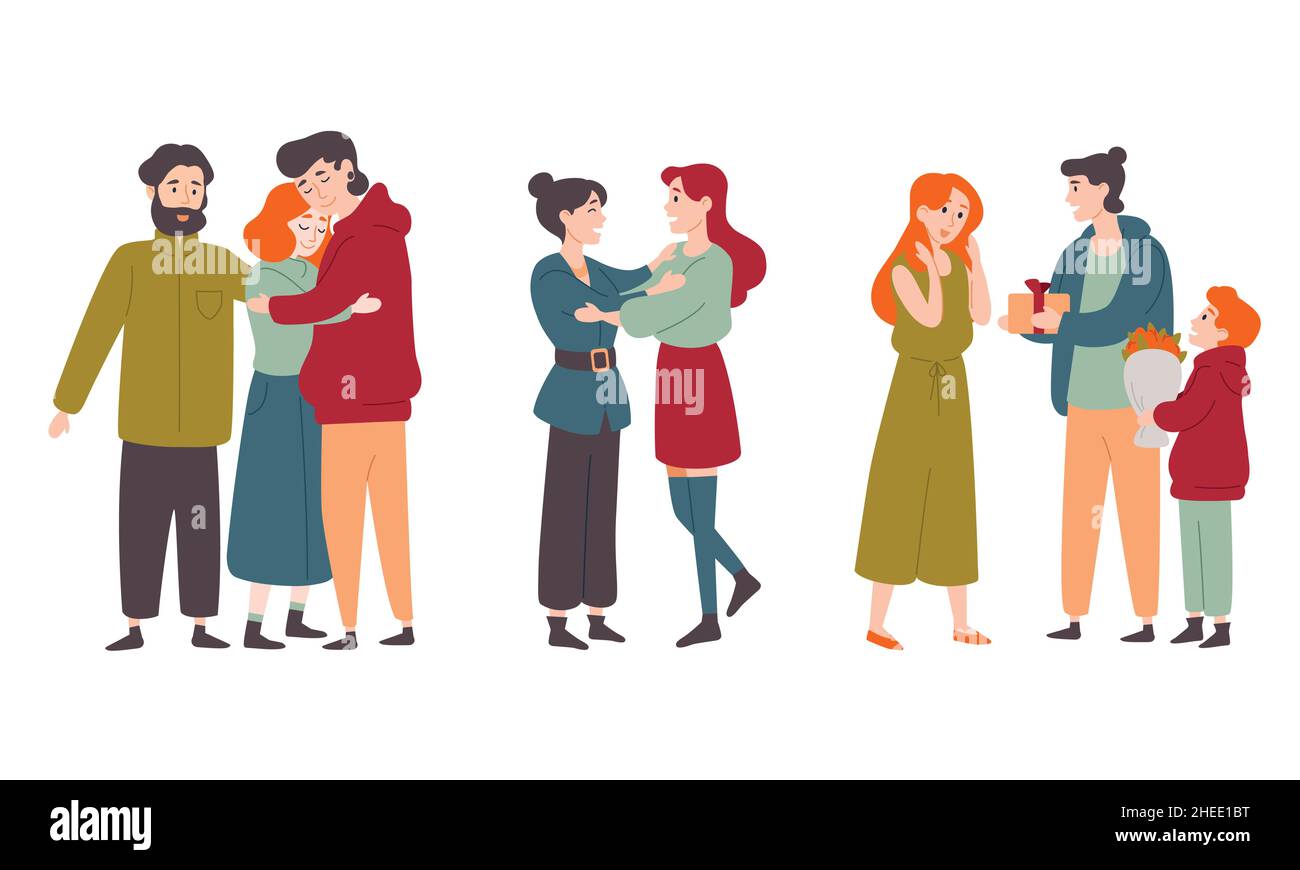 Des gens heureux qui s'embrasent, se félicitent mutuellement pour les vacances.Familles, amis. Illustration de Vecteur