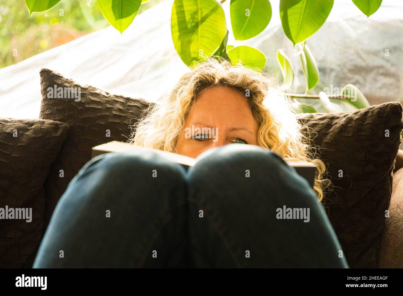 femme blonde lisant confortablement un livre sur le canapé Banque D'Images