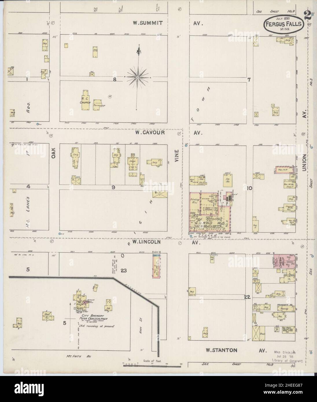 Carte d'assurance-incendie Sanborn de Fergus Falls, comté d'Otter Tail, Minnesota. Banque D'Images