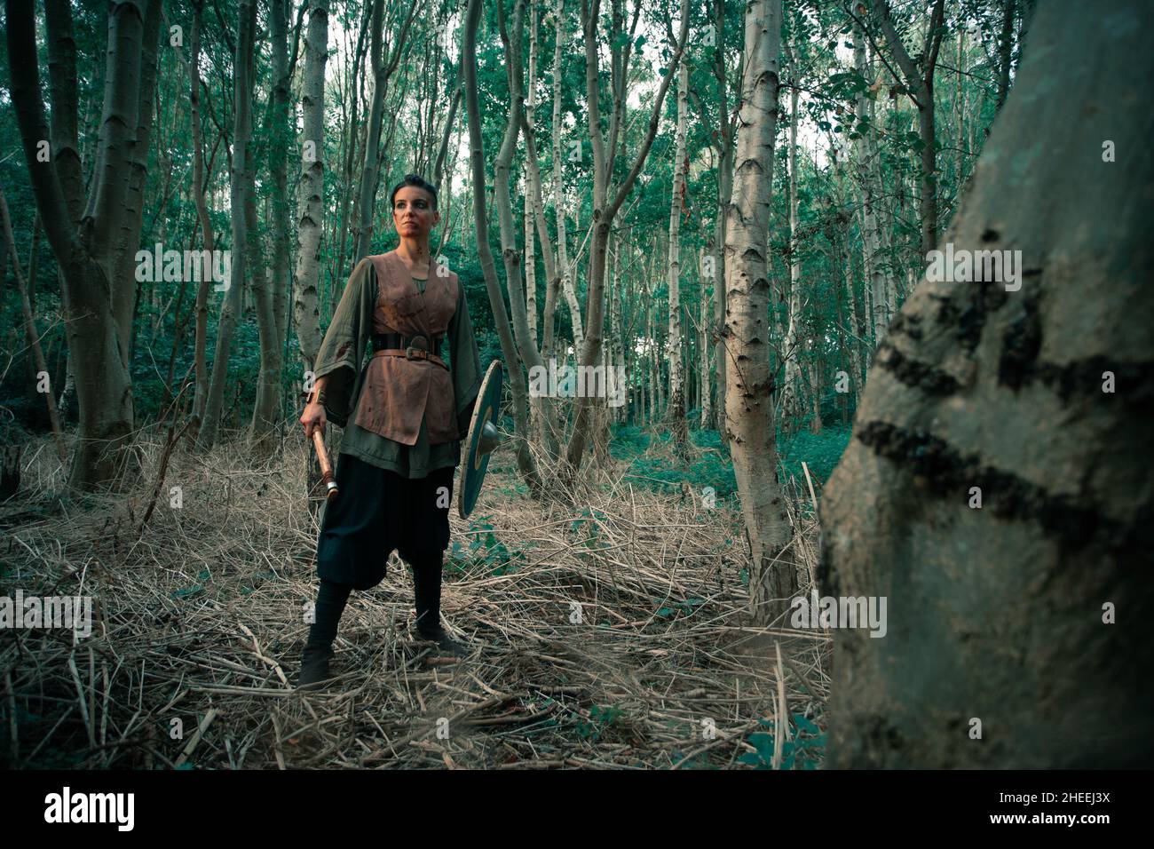 Femme sérieuse avec du sang sur le visage en costume viking traditionnel debout dans la forêt avec la hache à la main Banque D'Images