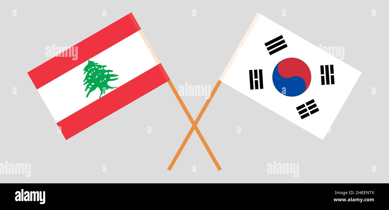 Drapeaux croisés du Liban et de la Corée du Sud.Couleurs officielles.Proportion correcte.Illustration vectorielle Illustration de Vecteur