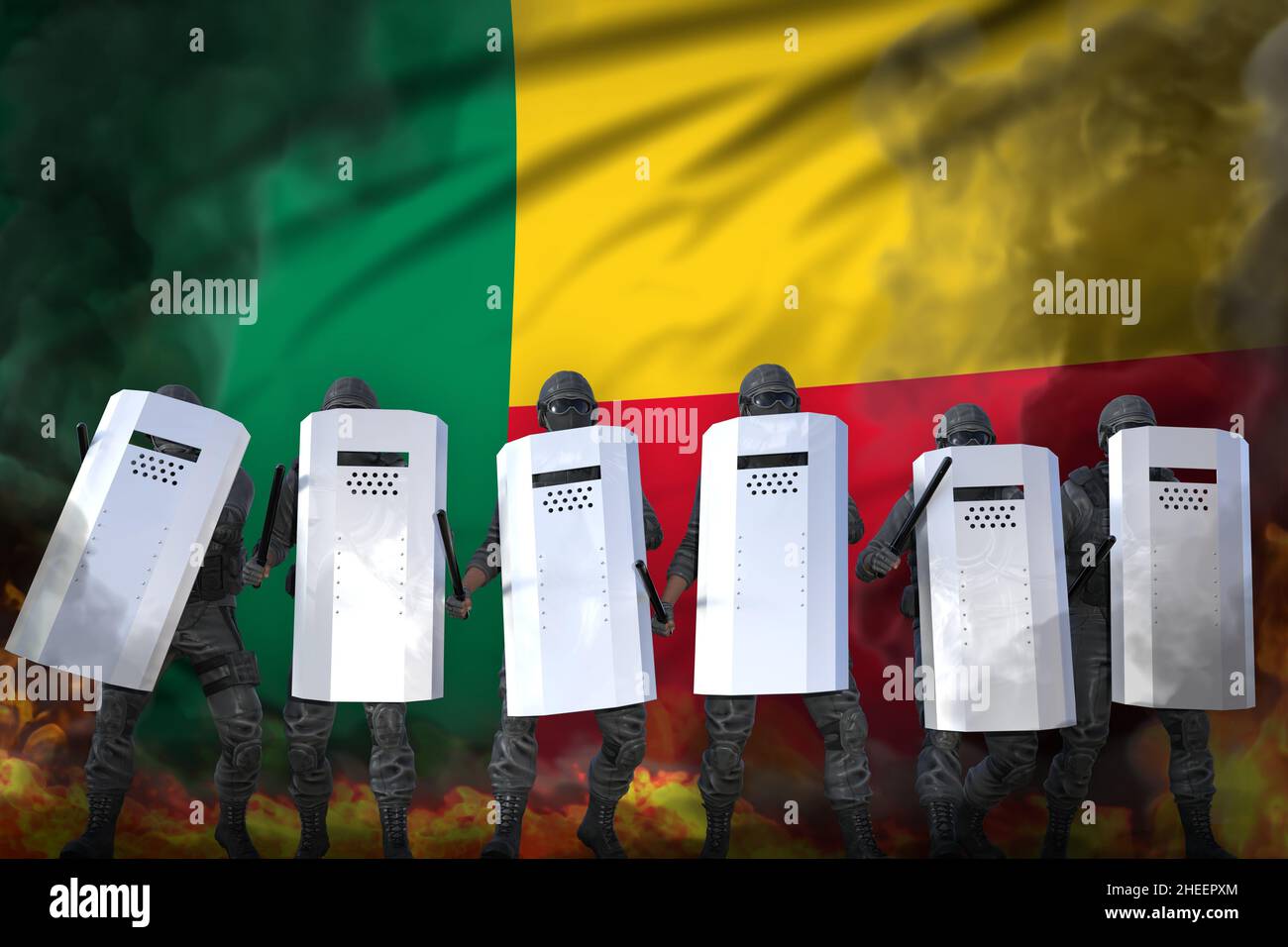 Bénin protestataire concept de combat, l'équipe de police protégeant l'ordre contre l'émeute - militaire 3D Illustration sur fond de drapeau Banque D'Images Bénin protestataire concept de combat, l'équipe de police protégeant l'ordre contre l'émeute - militaire 3D Illustration sur fond de drapeau Banque D'Images