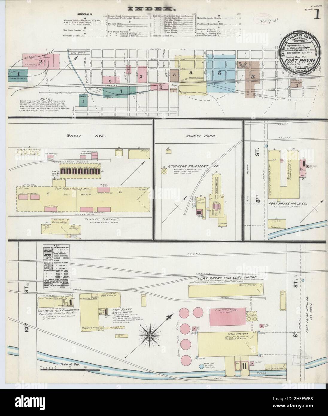 Sanborn carte d'assurance-incendie de fort Payne, comté de Dekalb, Alabama. Banque D'Images