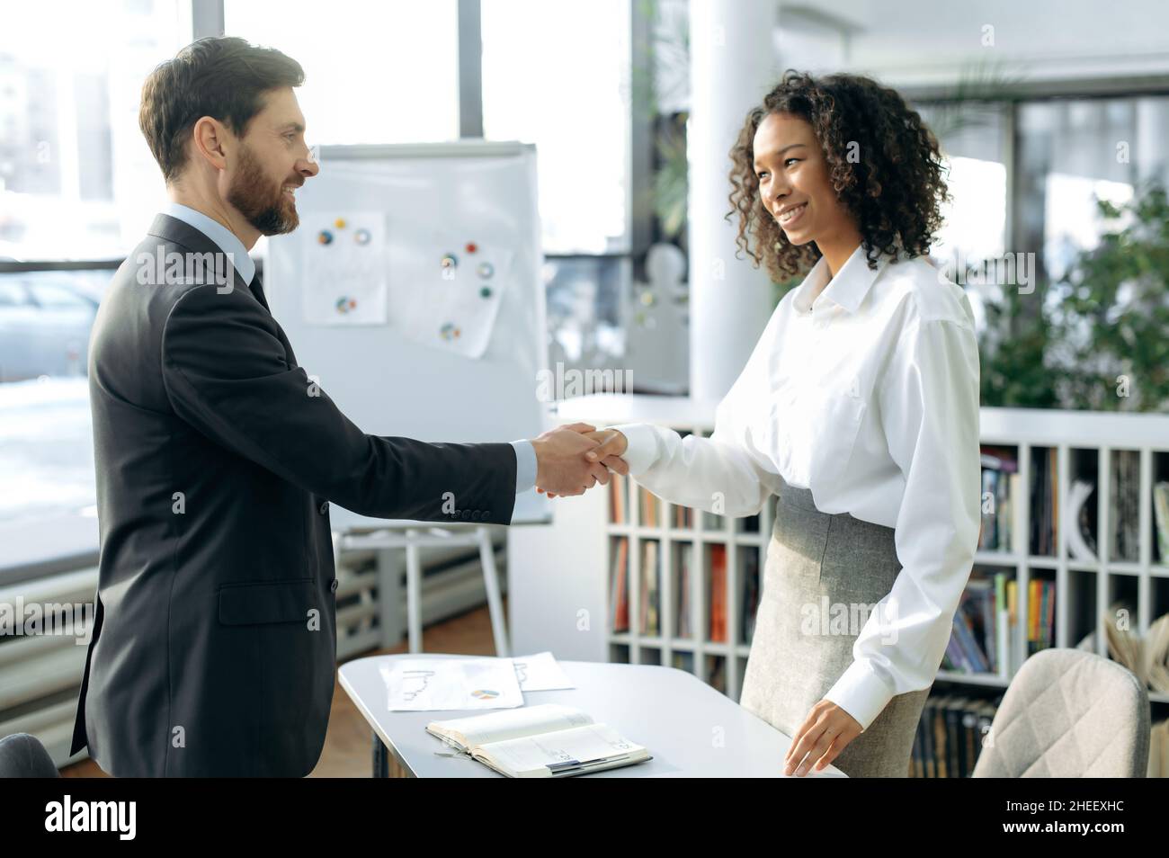 Poignée de main, accord.Homme d'affaires et femme d'affaires prospères, partenaires du projet, ont conclu un accord, fait de la coopération, se serrer la main tout en étant debout dans un bureau moderne, sourire l'un à l'autre Banque D'Images