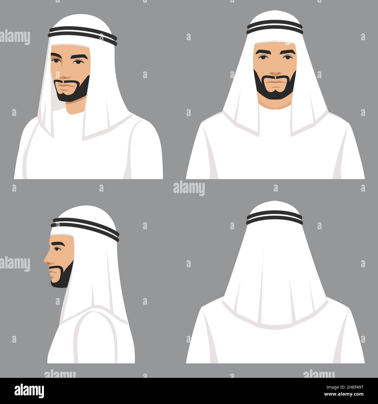 portrait du visage musulman arabe, avant, profil, vue latérale Illustration de Vecteur