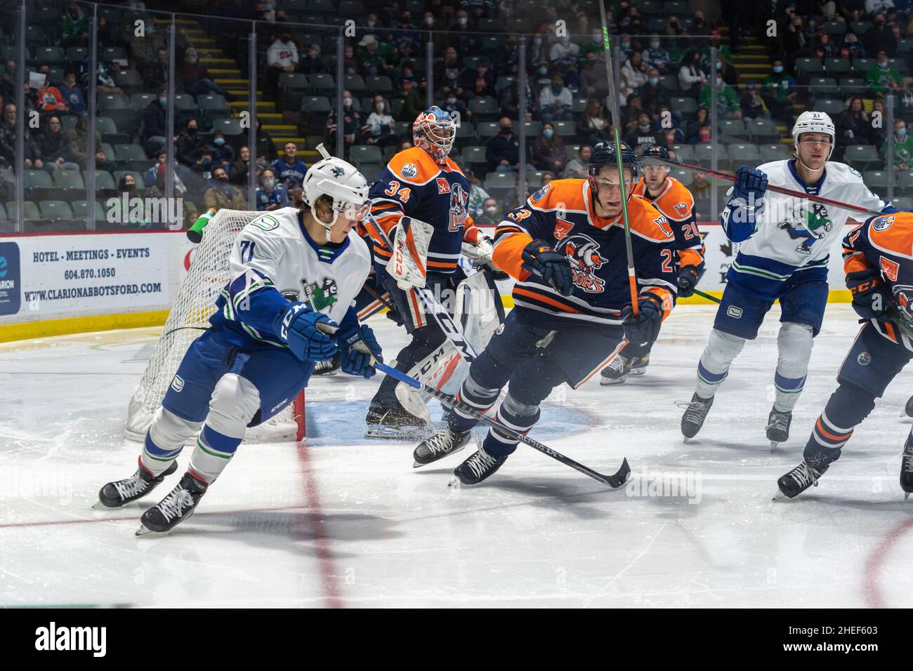 Les Canucks d'Abbotsford ont été mis à l'arrêt par l'équipe de la ferme Oilers d'Edmonton, les Condors de Bakersfield, le dimanche 9 janvier 2022, au centre d'Abbotsford Banque D'Images