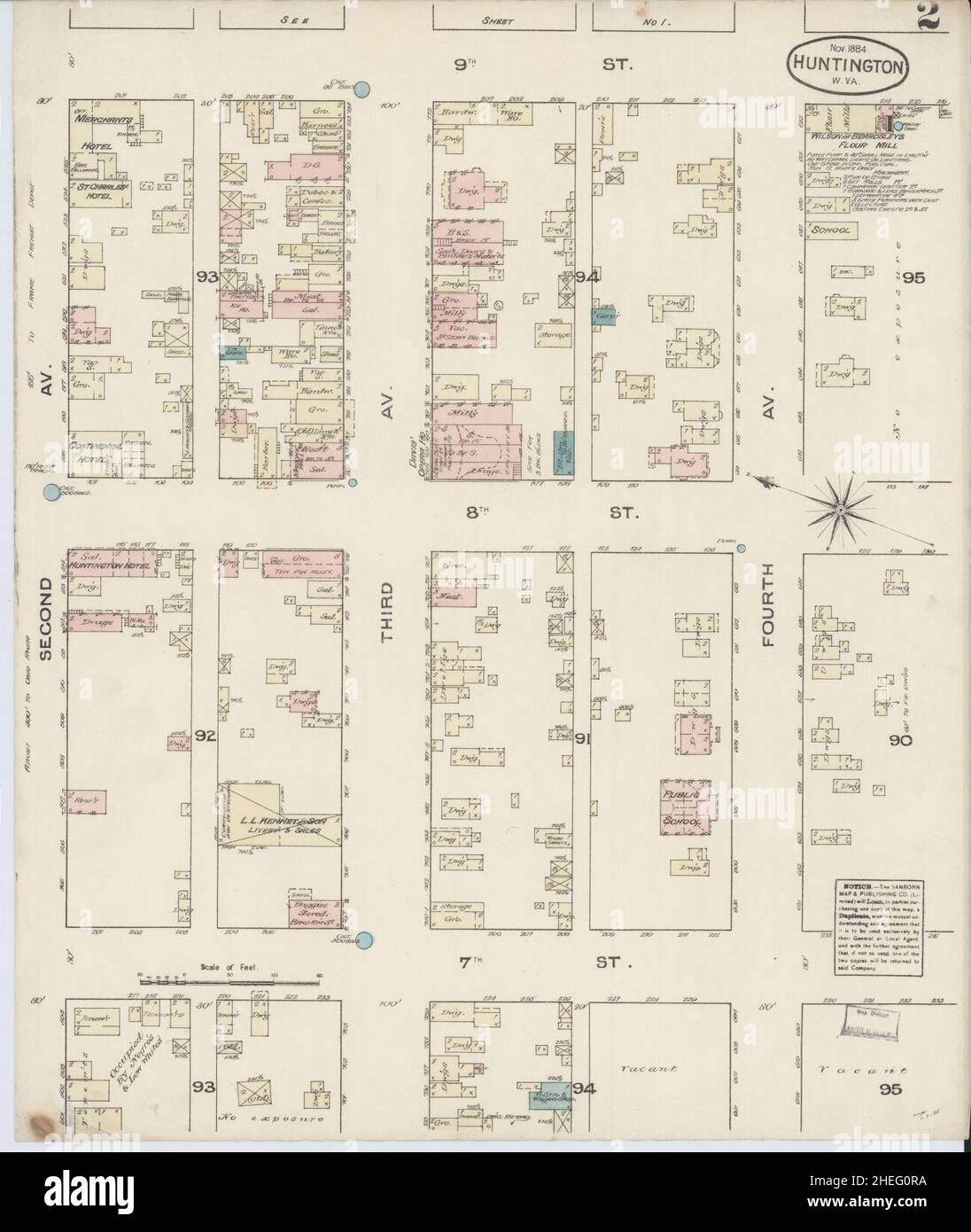 Sanborn carte d'assurance-incendie de Huntington, comté de Cabell, Virginie-Occidentale. Banque D'Images