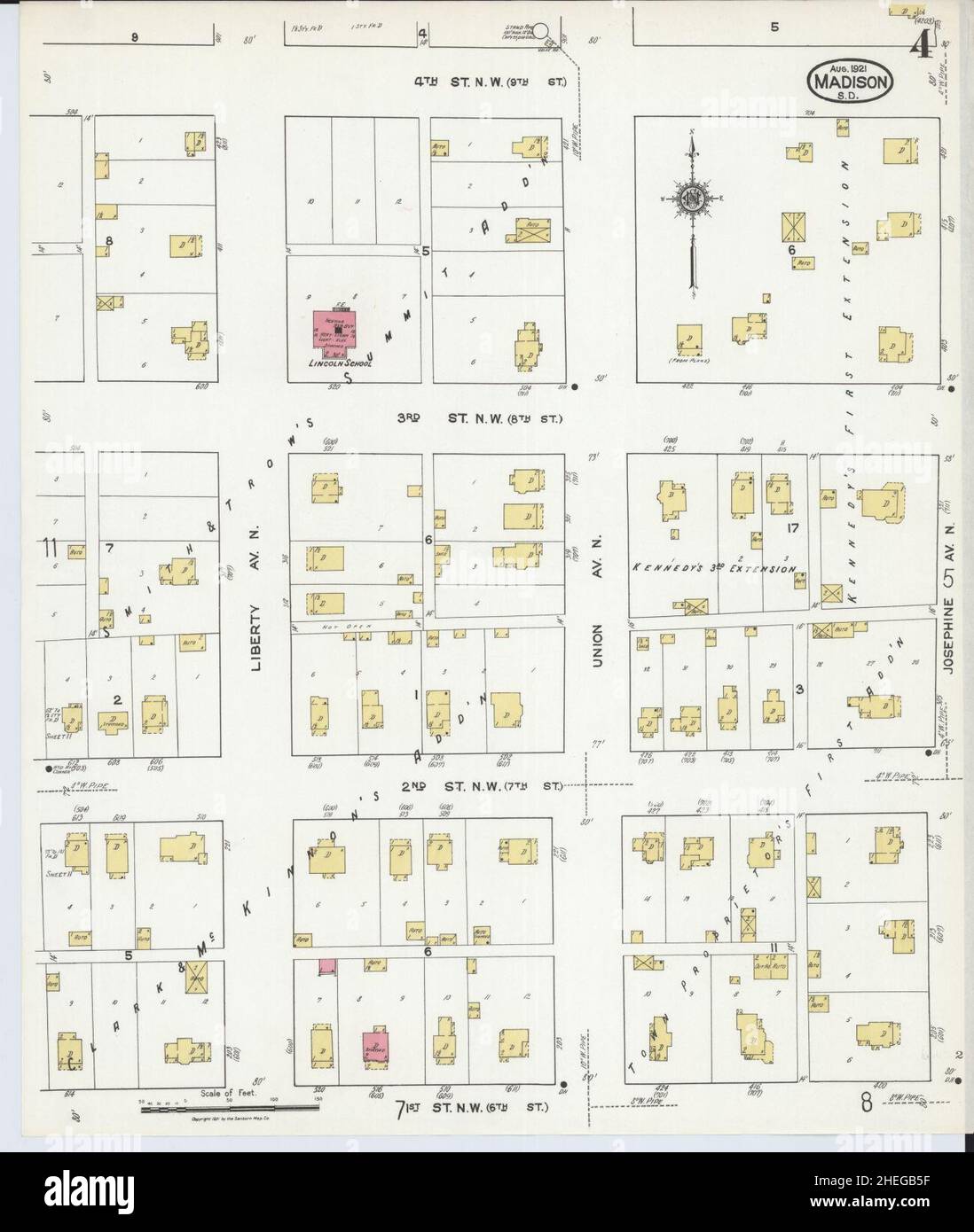 Sanborn carte d'assurance-incendie de Madison, Lake County, Dakota du Sud. Banque D'Images