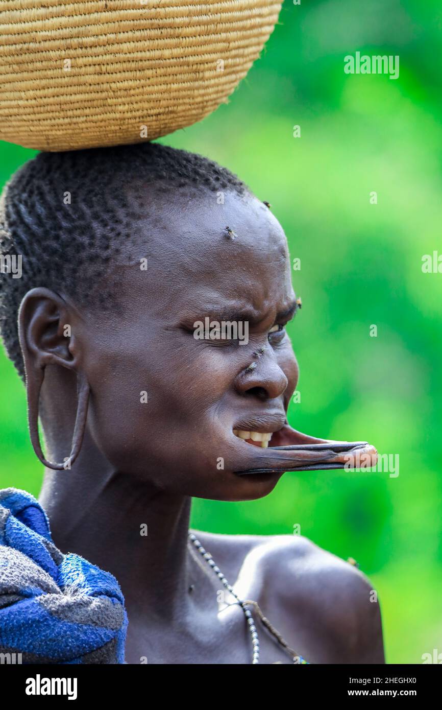 Omo River Valley, Ethiopie - 29 novembre 2020 : Portrait d'une femme africaine avec une grande plaque traditionnelle en bois dans la lèvre inférieure Banque D'Images