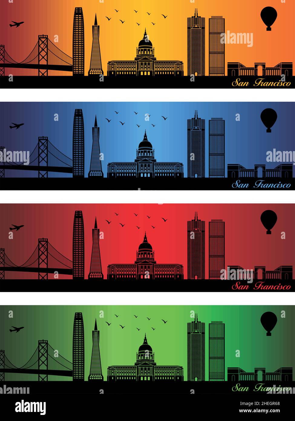 Ville de San Francisco dans quatre couleurs différentes - illustration, ville dans fond orange, San Francisco Californie Illustration de Vecteur