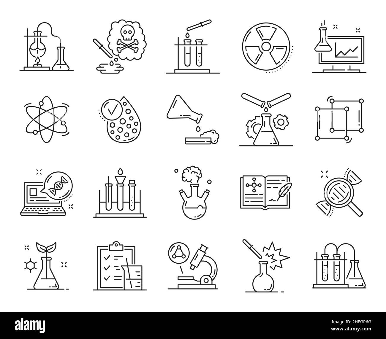 Génétique, médecine et physique, chimie et biologie icônes de lignes vectorielles.Laboratoire de sciences médicales et technologie de recherche génétique de l'ADN, microscope et Illustration de Vecteur