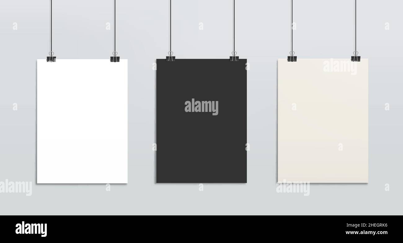 Maquette d'affiches en papier suspendues, feuilles de papier réalistes sur cordes, maquette vierge de galerie de photos Vector 3D.Boa vertical vide isolé noir et blanc Illustration de Vecteur